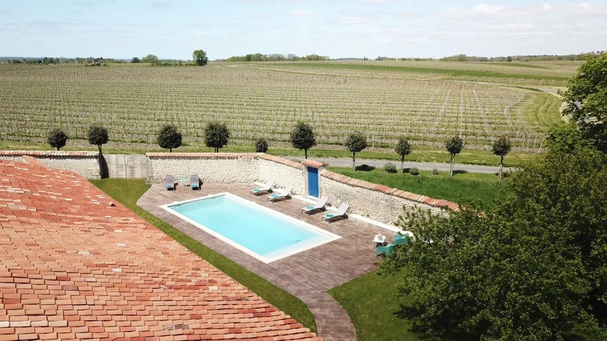Vue aérienne — piscine et vignes